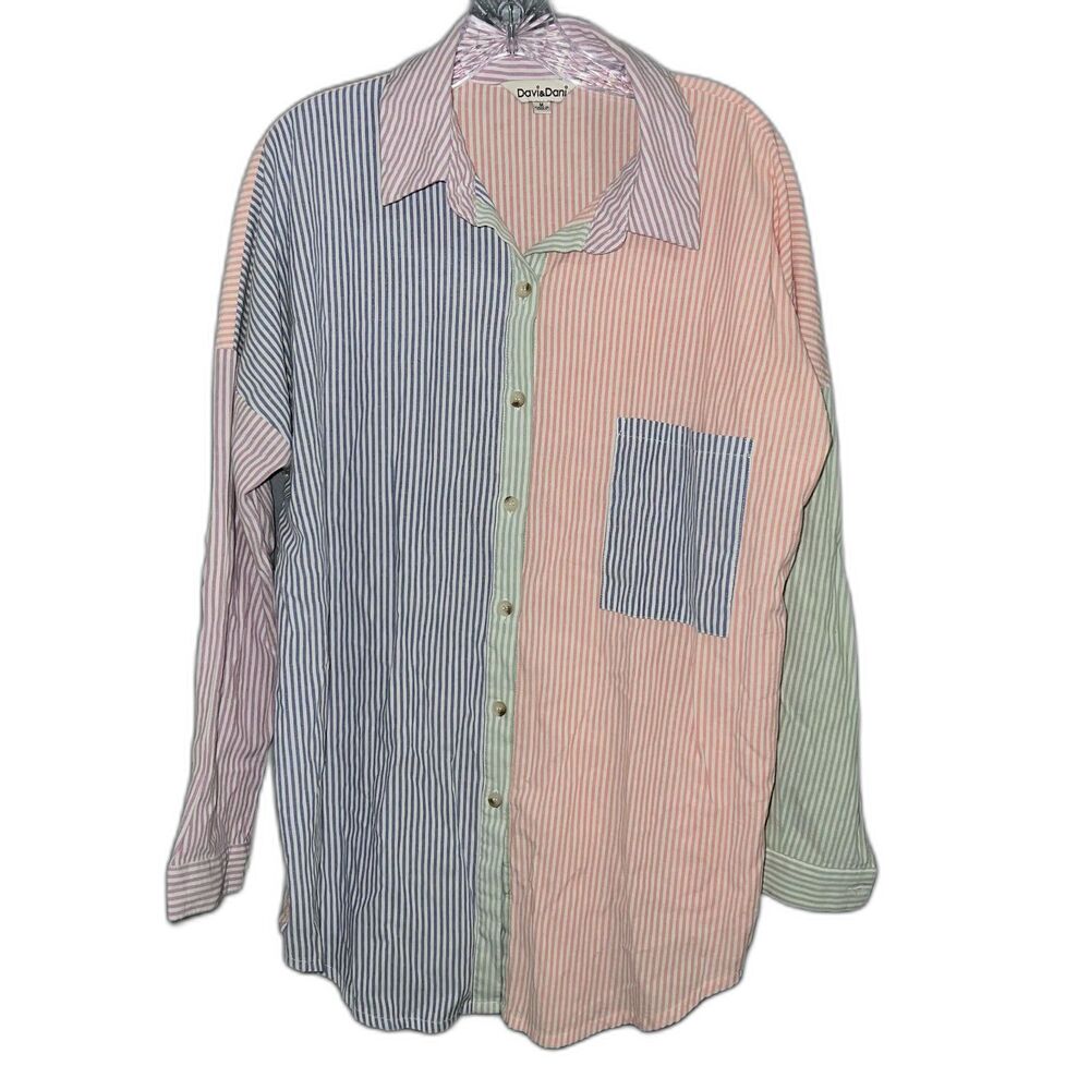 Davi & Dani Oversized Striped Colorblock Button Down Size M